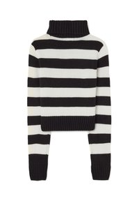 Schwarz-weiß gestreifter, cropped Pullover mit hohem, geripptem Kragen und gerippten Bündchen, aus Strickstoff, mit breiten horizontalen Streifen.