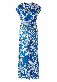 Robe maxi imprimée bleu et blanc avec des manches courtes, détail de nœud tordu à la taille et silhouette fluide. Motif floral abstrait sur l'ensemble.