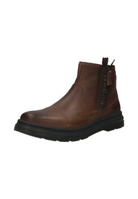 Braune Leder-Ankleboots mit seitlichem Reißverschluss, abgerundetem Zeh, strukturiertem Obermaterial und schwarzer Gummisohle. Minimalistisches Design mit Markendetail.