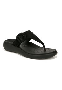 Zwarte suède teenslipper met een teenpost, ronde vorm, rubberen buitenzool en een gespaccent op de band. Geprofileerde voetbed met stippen.