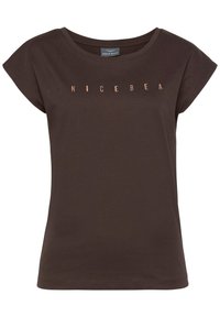 Brown short-sleeve t-shirt made of soft cotton, featuring a printed 'VENICE BEACH' logo in metallic rose gold across the chest.