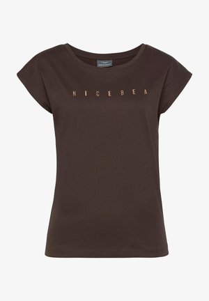 Brown short-sleeve t-shirt made of soft cotton, featuring a printed 'VENICE BEACH' logo in metallic rose gold across the chest.