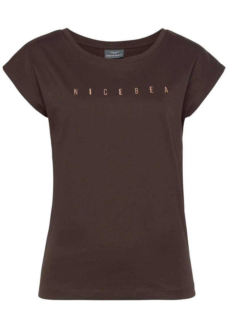 Brown short-sleeve t-shirt made of soft cotton, featuring a printed 'VENICE BEACH' logo in metallic rose gold across the chest.