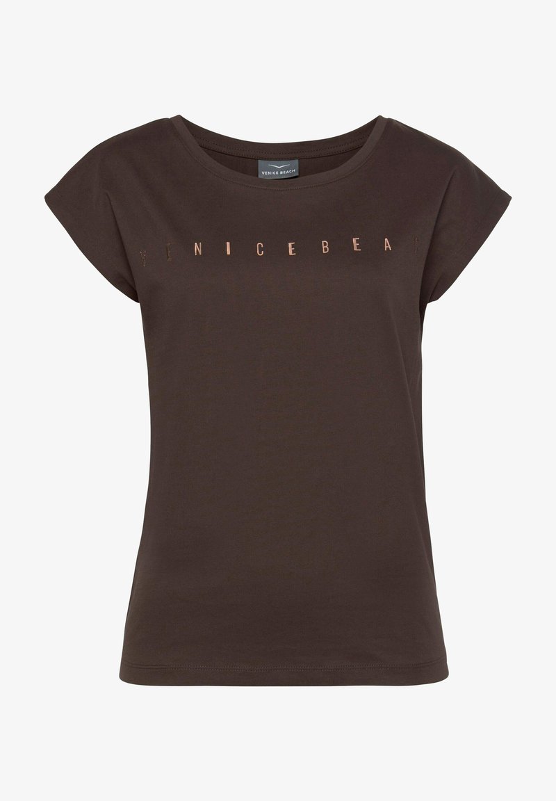 Braunes T-Shirt mit kurzen Ärmeln aus weicher Baumwolle, das ein bedrucktes 'VENICE BEACH'-Logo in metallischem Roségold über der Brust zeigt.