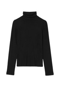 Haut noir à col roulé côtelé avec des manches longues et une coupe ajustée, doté d'un col haut et d'un tissu texturé.