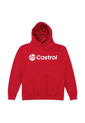 Czerwona bluza z kapturem wykonana z miękkiego materiału, z kieszenią z przodu i białym logo "Castrol" na klatce piersiowej. Szczegół z regulowanym kapturem.