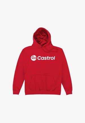Rød hættebluse lavet af blødt stof, med en frontlomme og en hvid "Castrol"-logo over brystet. Hætte med snore.