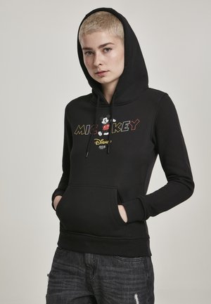 Black hoodie with a front pocket, featuring a colorful "Mickey" graphic and "Disney 1928" text. Soft fabric with ribbed cuffs.