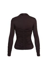Brązowa bluzka z długim rękawem, z marszczonym wzorem na plecach, z wysokim dekoltem i niewidzialnym zamkiem z tyłu. Gładki materiał.