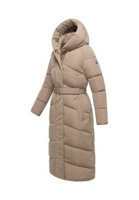 Beige pufferjas met een ceintuur in de taille, grote kap en een gewatteerd design. Voorzien van lange mouwen en zijzakken. Gladde, gewatteerde textuur.