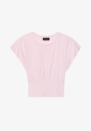 T-shirt rose à manches courtes avec un design à taille froncée. Fabriqué en tissu doux, il possède un col rond et une coupe décontractée.