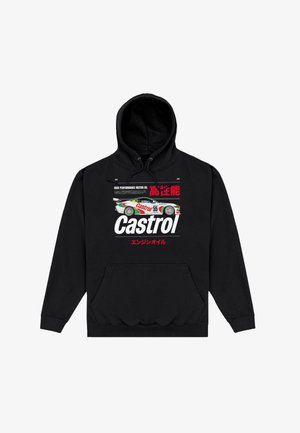 Sweat à capuche noir avec un graphique de voiture de course, le logo "Castrol" et un texte japonais promouvant une huile moteur haute performance.