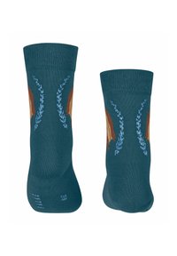 Blaue-grüne Baumwollsocken mit gestickten Motiven von braunen Blättern und blauen Verzierungen, mit einem gerippten Bündchen und glatter Textur.
