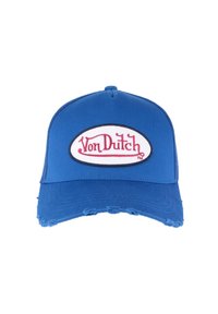 Casquette de baseball bleue avec un bord abîmé, ornée d'un patch ovale blanc avec le lettrage rouge "Von Dutch" à l'avant.