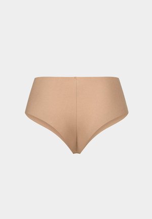 Beige, hochgeschnittene Panties aus glattem, dehnbarem Stoff. Verfügt über ein nahtloses Design mit einem minimalistischen Schnitt und ohne sichtbare Befestigungen.