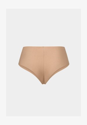 Beige hoog-galante slip gemaakt van glad, rekbaar materiaal. Kenmerkt zich door een naadloos ontwerp met een minimalistische snit en geen zichtbare sluitingen.