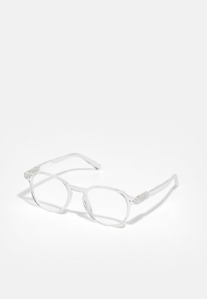 Transparent glasses with a rectangular frame, slightly rounded edges. Clear plastic material with subtle patterns on the temples.