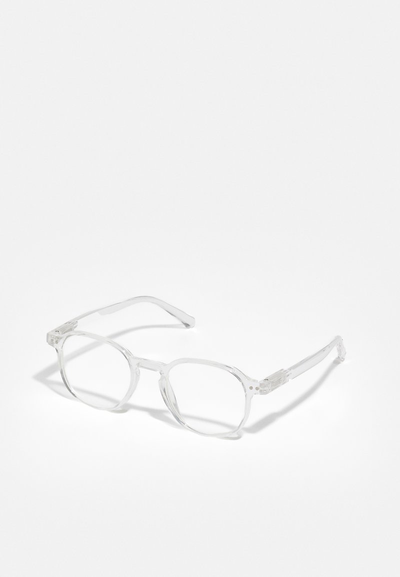 Ochelari transparenți cu un cadru rectangular, cu margini ușor rotunjite. Material din plastic clar, cu modele subtile pe brate.