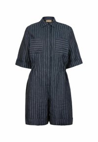 Mörkblå linné romper med vita vertikala ränder, korta ärmar, kavajkrage, två framfickor och midja med dragsko.
