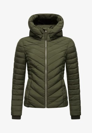 Tamsiai žalia siuvinėta striukė su zigzagu, reguliuojama kepurė, priekinis užtrauktukas ir megztos rankovės. Yra šoniniai kišeniai ir logotipas.