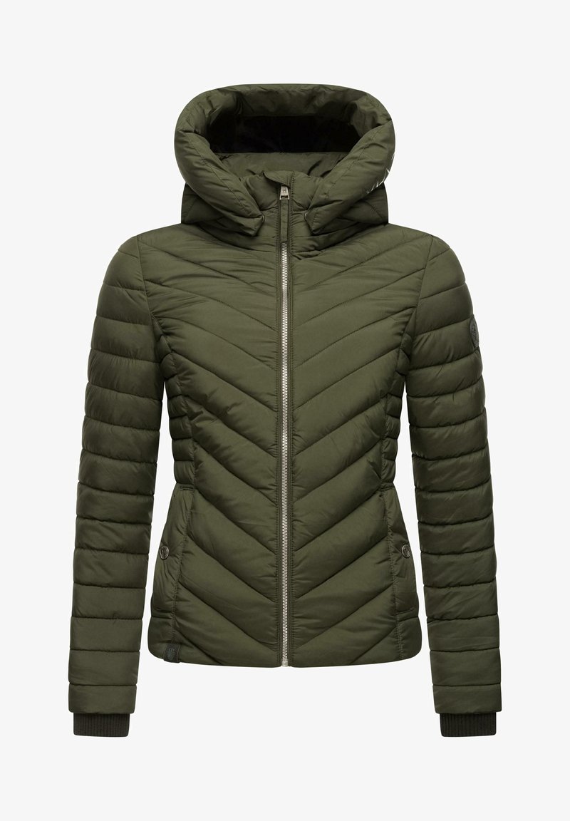 Olivengrønn quiltet jakke med chevronmønster, justerbar hette, frontglidelås og strikkede mansjetter. Har sidelommer og logoakcent.
