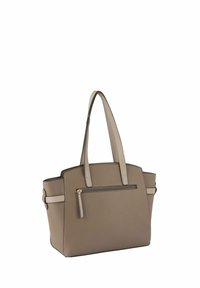 Sac à main en cuir taupe avec deux anses d'épaule et poche frontale zippée, présentant un design minimaliste et un curseur de fermeture à glissière doré.