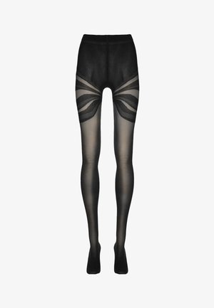 Schwarze, durchsichtige Strumpfhosen mit breiten Streifenmustern und einer ausgeprägten Textur. Das Design umfasst einen festen Bund für zusätzlichen Komfort.