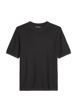 T-shirt noir à manches courtes avec col rond côtelé et poignets côtelés, présenté sur fond blanc.