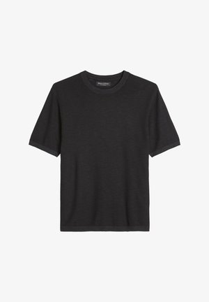 T-shirt noir à manches courtes avec col rond côtelé et poignets côtelés, présenté sur fond blanc.