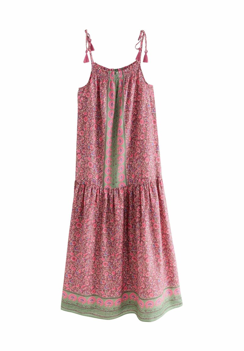 Robe maxi sans manches à fleurs roses avec rayure verticale bordée de vert et bretelles réglables à nouer avec pompons.