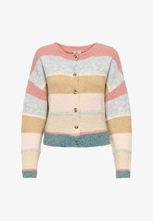 Strukturierte Strickjacke mit Streifen in Pink, Grau, Beige und Blau, mit rundem Ausschnitt und sechs Knöpfen vorne.