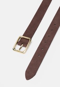 Brown suede belt with a rectangular gold metal buckle, featuring multiple holes along the strap for adjustable sizing. Smooth texture.