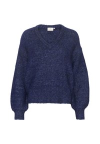 Navy blue knitted sweater with a V-neck, loose fit, and ribbed cuffs. Soft texture with a slightly chunky weave. Cropped length at the waist.