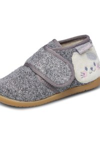 Grå glitrende slippers med detaljer af et fuzzy hvidt katteansigt, velcro-lukning og en tekstureret gummisål. Blødt, hyggeligt materiale over det hele.
