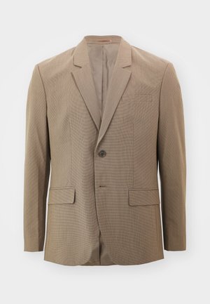 Blazer beige xadrez com fecho de botão único, lapelas recortadas, dois bolsos frontais e um bolso no peito. Tecido texturizado com forro suave.