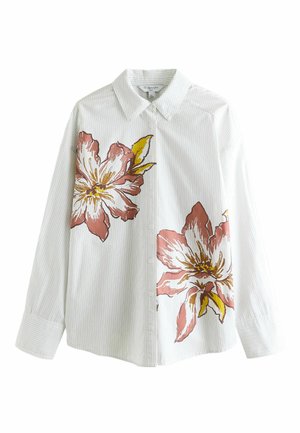 Weißes Hemd mit Knopfleiste, dünnen vertikalen Streifen und großen pinken und gelben Blumenmustern auf Vorderseite und Ärmeln.