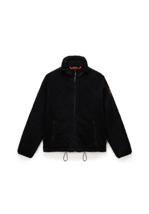 Black fleece jacket with a high collar, zippered front, two side pockets, and adjustable drawstring hem. Features a textured, soft exterior.