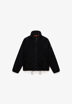 Black fleece jacket with a high collar, zippered front, two side pockets, and adjustable drawstring hem. Features a textured, soft exterior.
