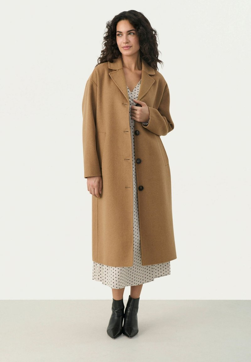 Brauner Wollmischungs-Mantel mit langen Ärmeln, Knopfverschluss und seitlichen Taschen, über einem knielangen gepunkteten Kleid und schwarzen Ankle Boots getragen.