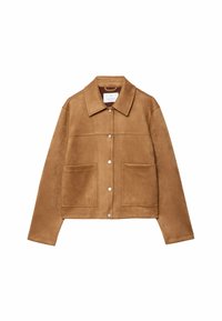 Brun ruskindjakke med en krave, forsideknaplukning, to store lommer og en cropped silhuet. Glat tekstur med diskrete syninger.