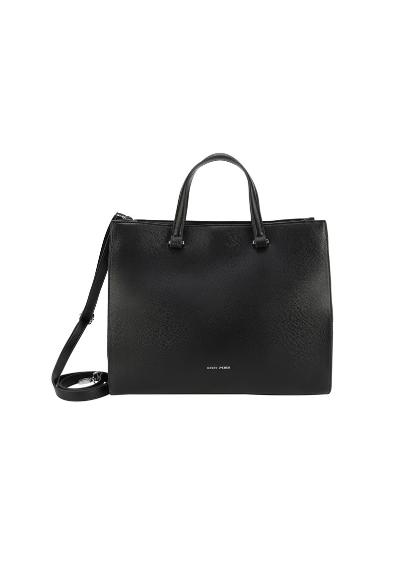 Bolso de mano de cuero negro con una forma estructurada, asas cortas y una correa para el hombro desmontable. Presenta un sutil logo grabado en la parte frontal.