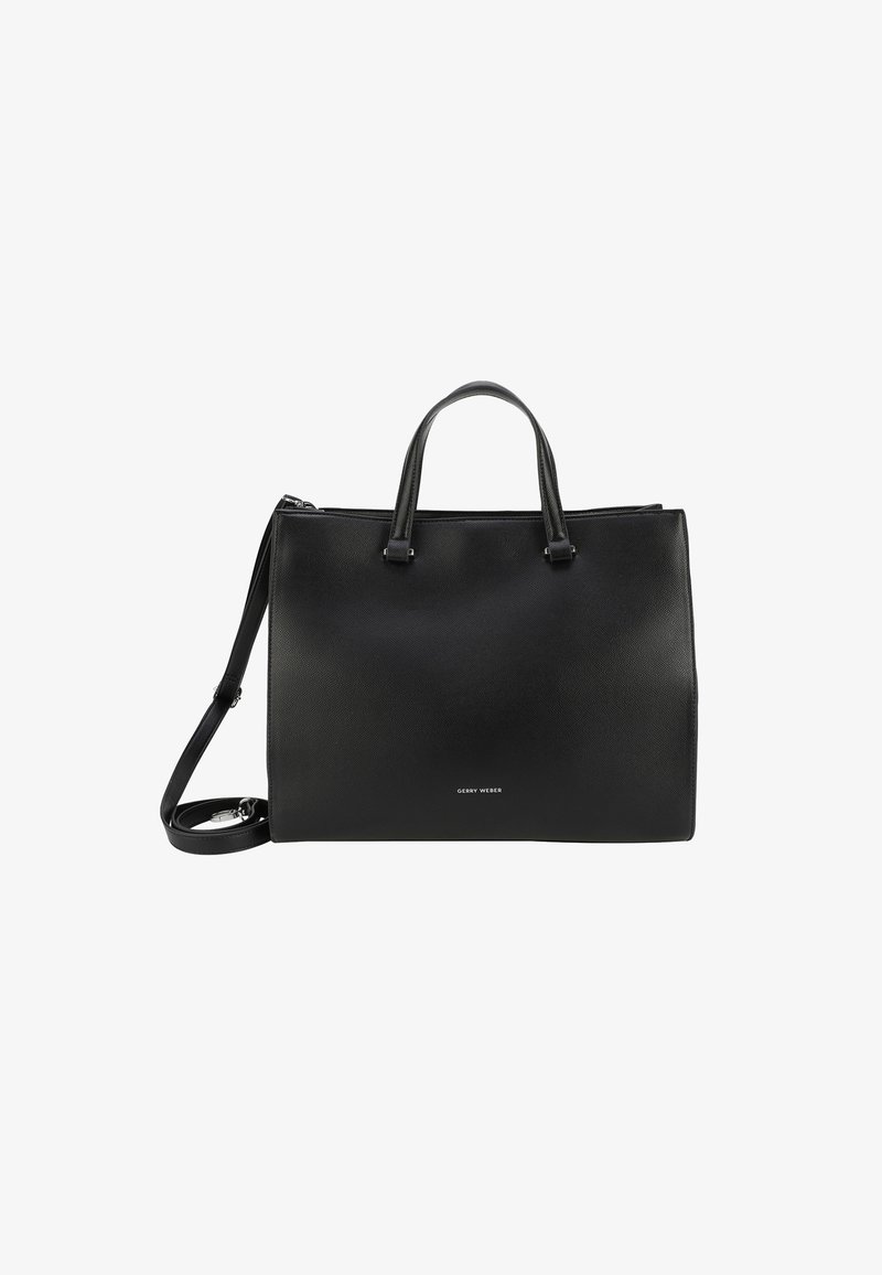 Sort læderhåndtaske med en struktureret form, korte håndtag og en aftagelig skulderrem. Har et diskret præget logo på forsiden.