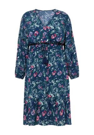 Laivastonsininen pitkähihaisen mekon, jossa vaaleanpunainen ja valkoinen abstrakti kukkakuosi, V-kaula-aukko, joustava vyötärö säädettävällä nyörillä ja kerääntyneet hihansuut.