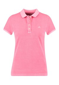 Rosa polo skjorta med korta ärmar, knappad krage, fin textur och logotyp på bröstet. Har kontrasterande manschetter.