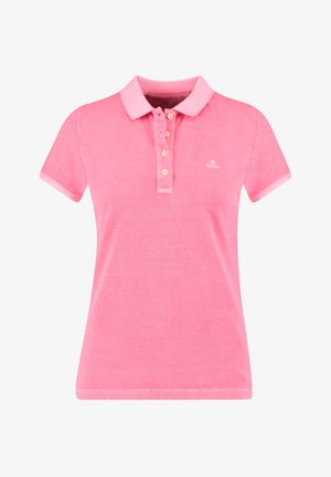 Różowa koszulka polo z krótkim rękawem, z zapięciem na guziki, o delikatnej fakturze i logo na piersi. Posiada kontrastowe mankiety.