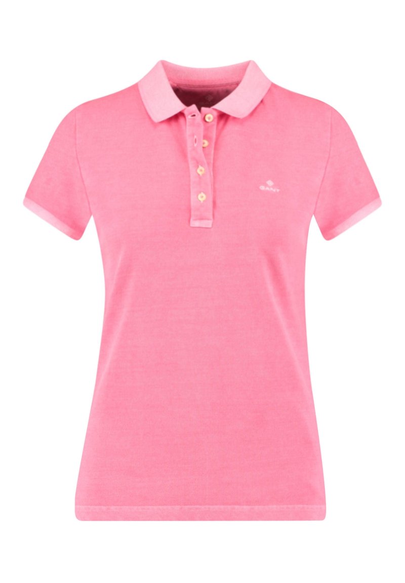 Rosa polo skjorta med korta ärmar, knappad krage, fin textur och logotyp på bröstet. Har kontrasterande manschetter.