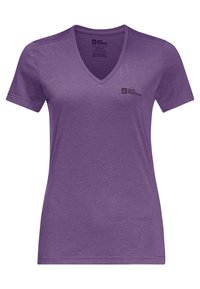 Purple v-neck t-shirt made of soft fabric. Features short sleeves and a small, dark logo on the left chest area. Clean design.