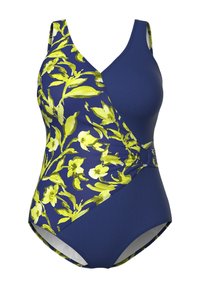Maillot de bain une pièce bleu marine avec un motif floral en jaune vif. Présente un design enroulé avec fronces et un accent circulaire à la taille.