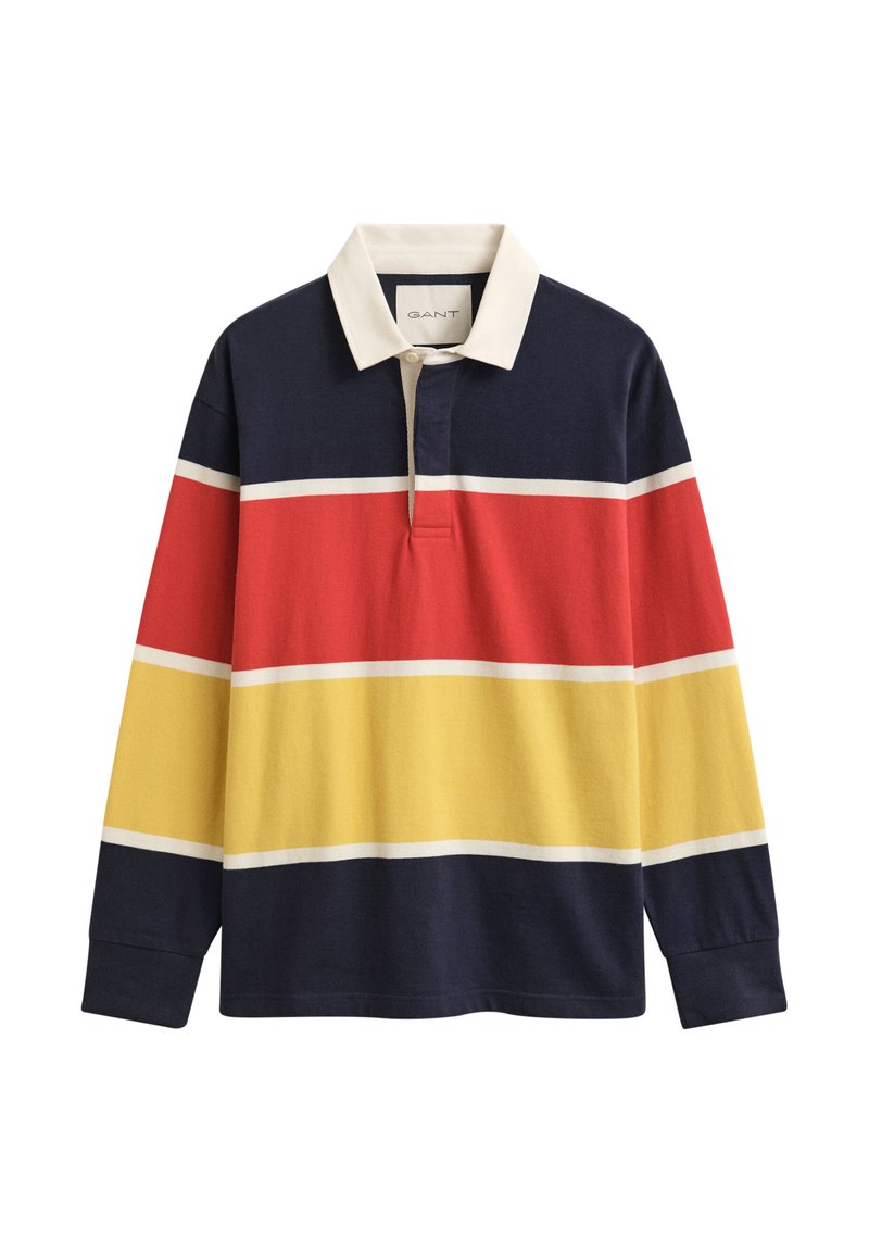 Langærmet rugbyshirt med navy, røde og gule vandrette striber og en hvid krave, vist på en hvid baggrund.