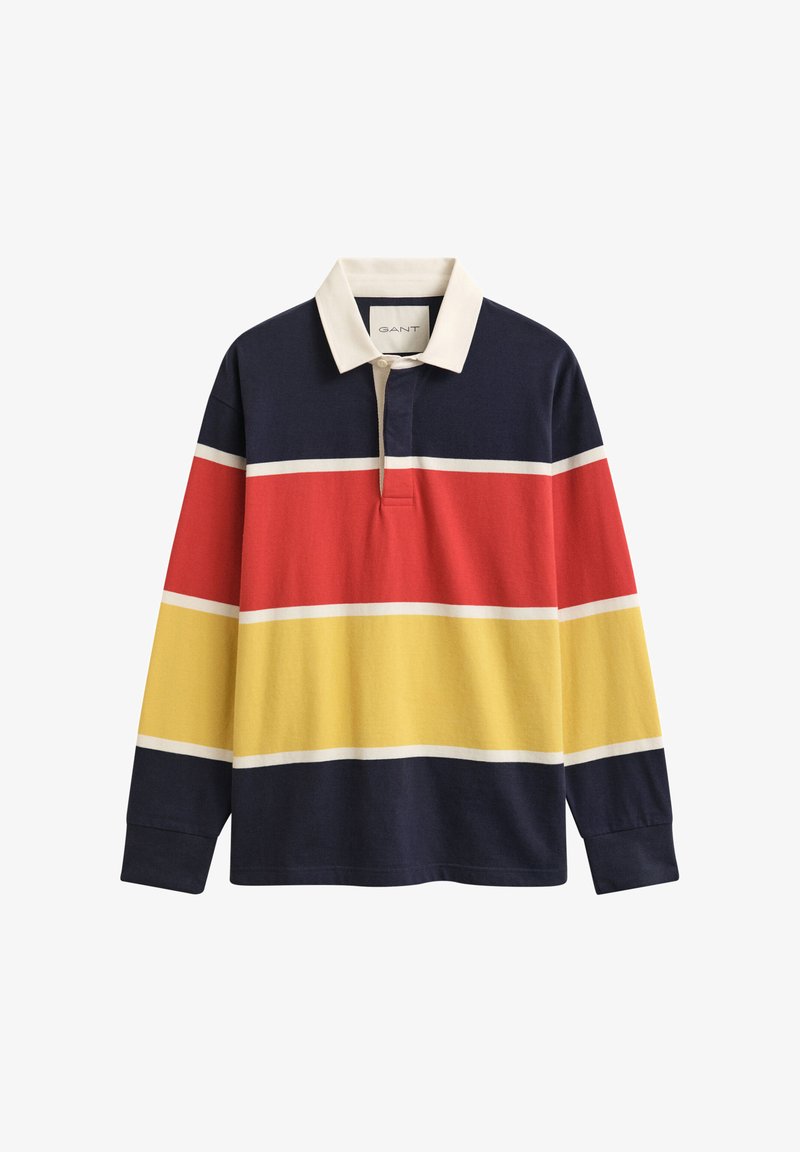Langærmet rugbyshirt med navy, røde og gule vandrette striber og en hvid krave, vist på en hvid baggrund.